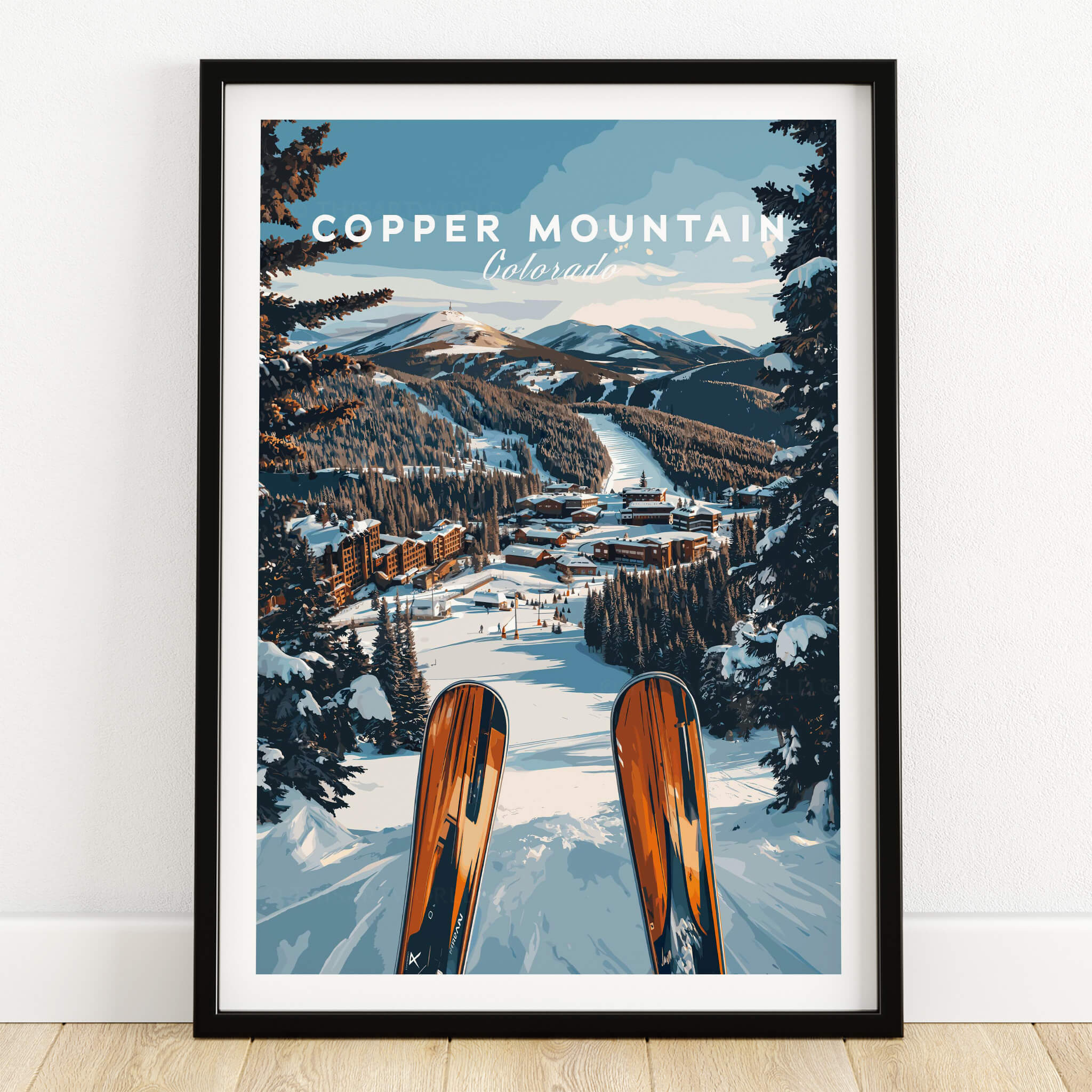 Copper Mountain Ski Print artwork featuring skis overlooking a scenic snowy mountain landscape in Colorado.