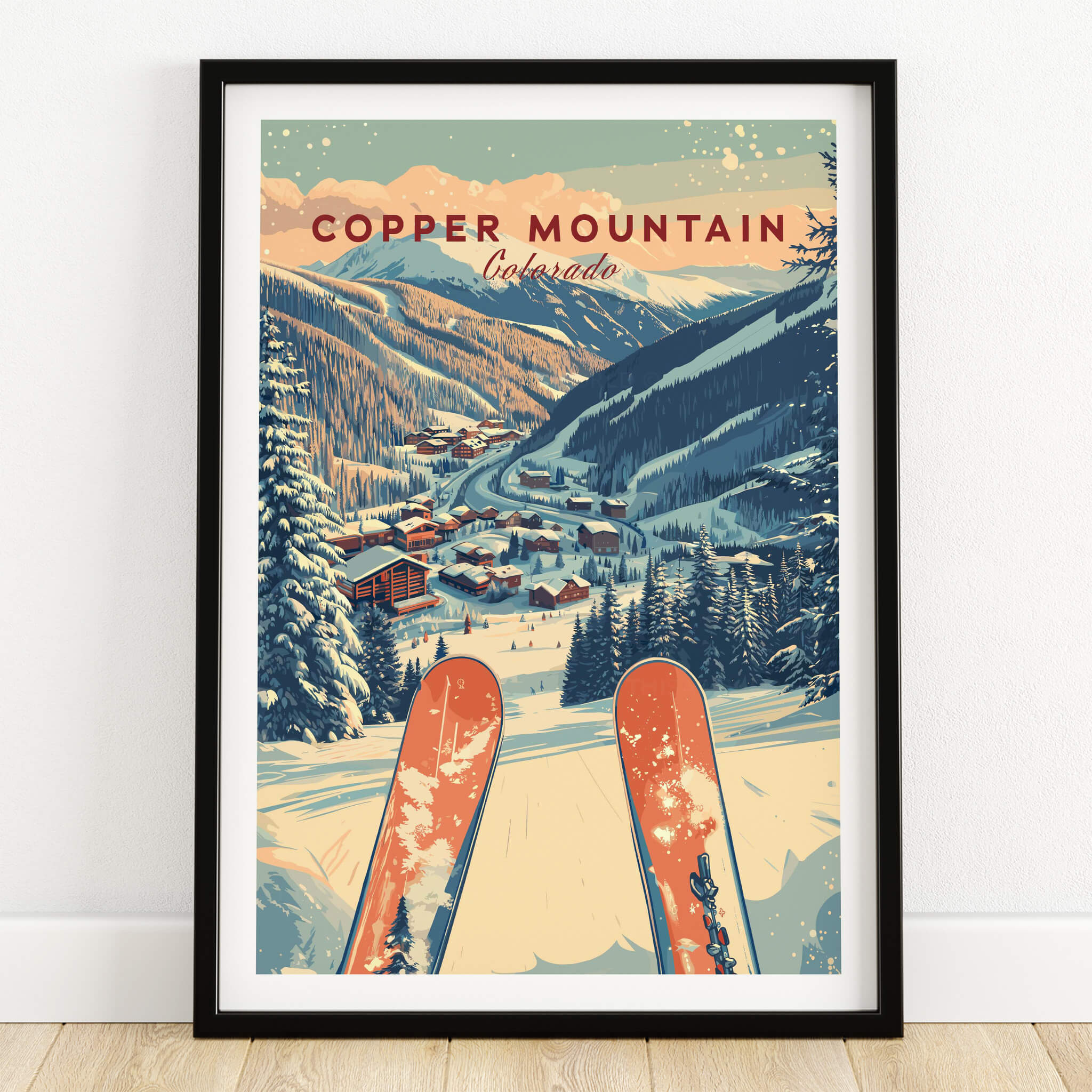 Copper Mountain Travel Poster – Sunset Ski Slopes showcasing ski slopes with vibrant colors and snowy mountains.
