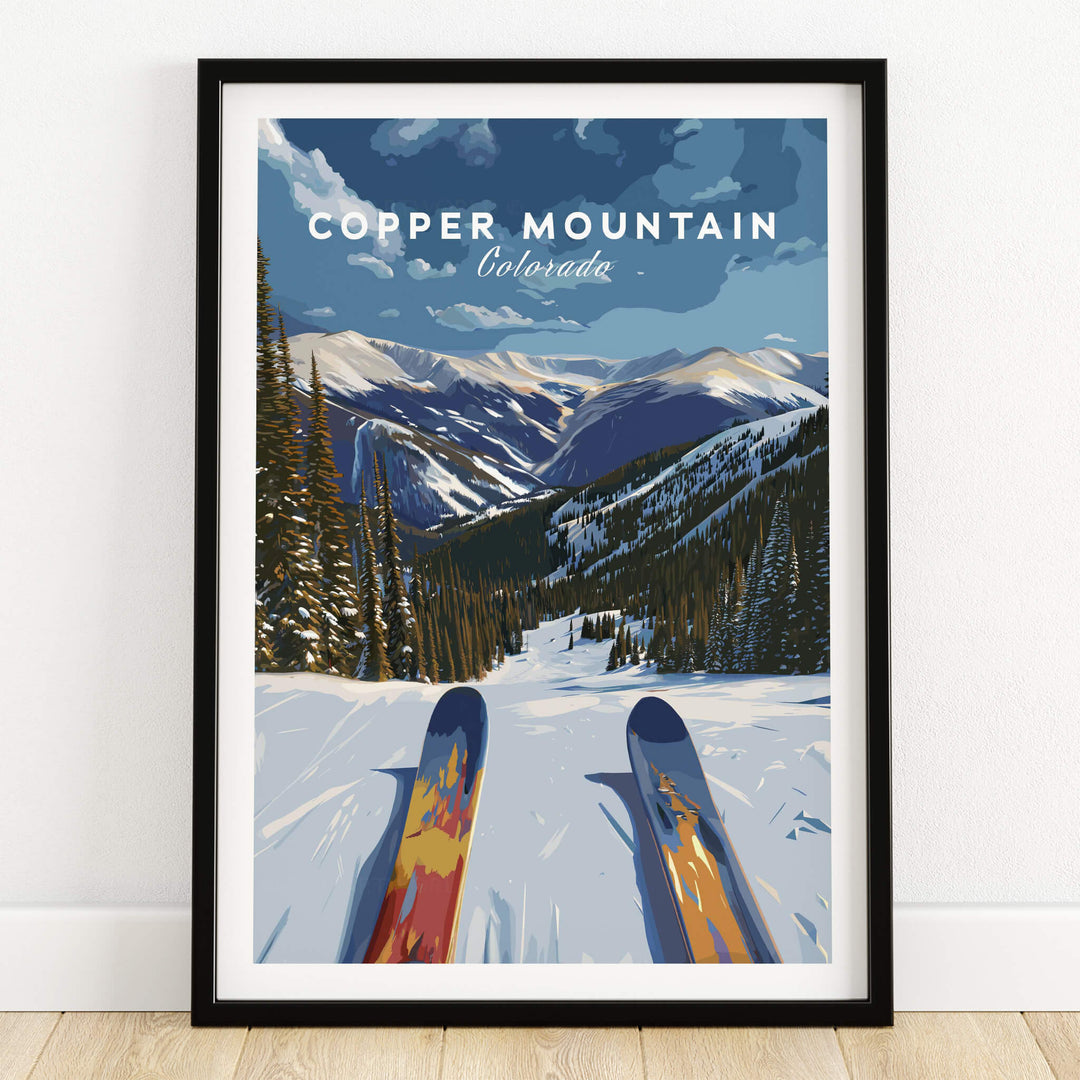 Ski Print Copper Mountain Colorado featuring vibrant artwork of snowy slopes and mountain peaks.