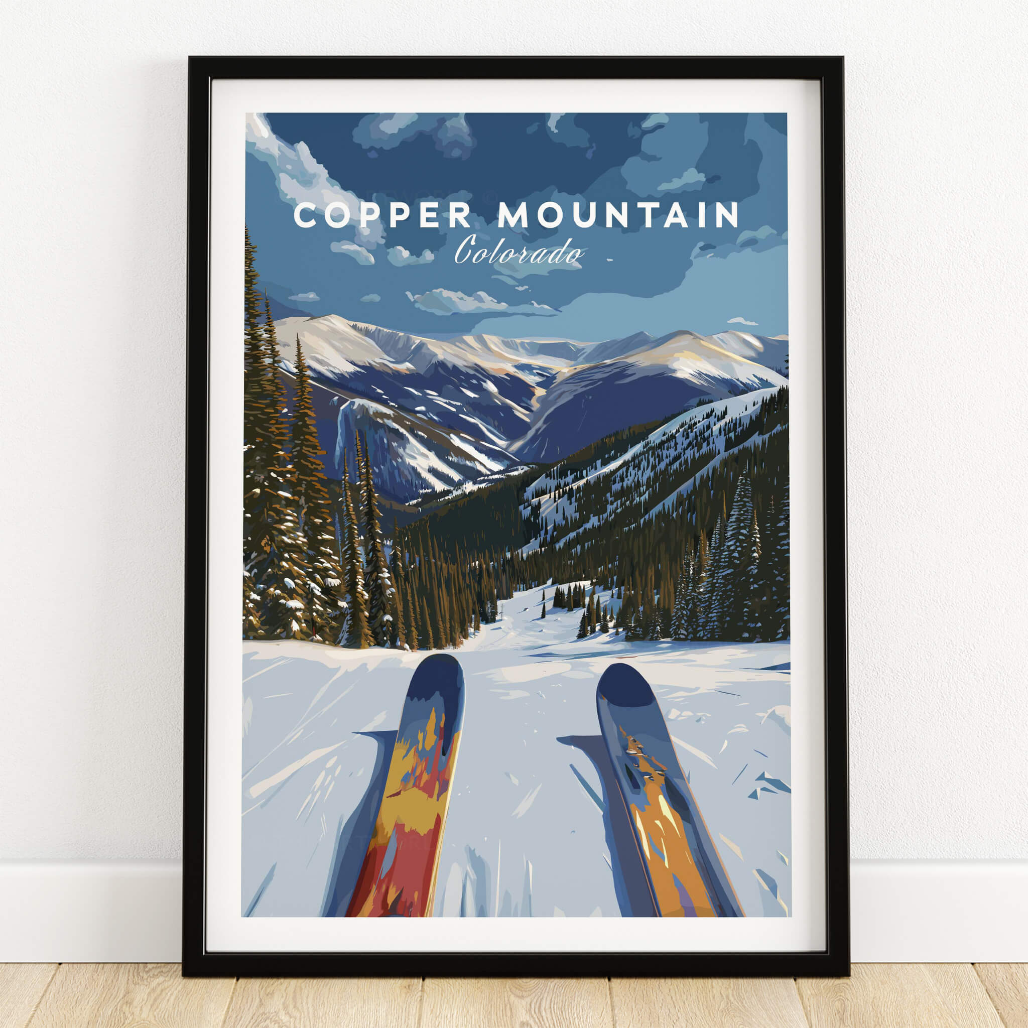 Ski Print Copper Mountain Colorado featuring vibrant artwork of snowy slopes and mountain peaks.