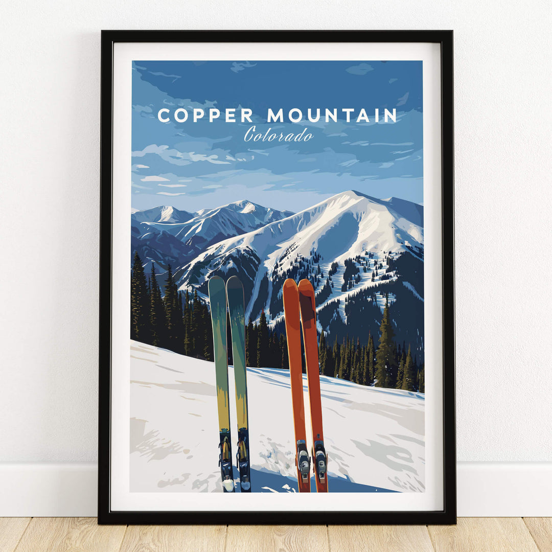 Copper Mountain Travel Poster – Colorado Mountain Summit & Ski Art Print featuring skis and snowy peaks.