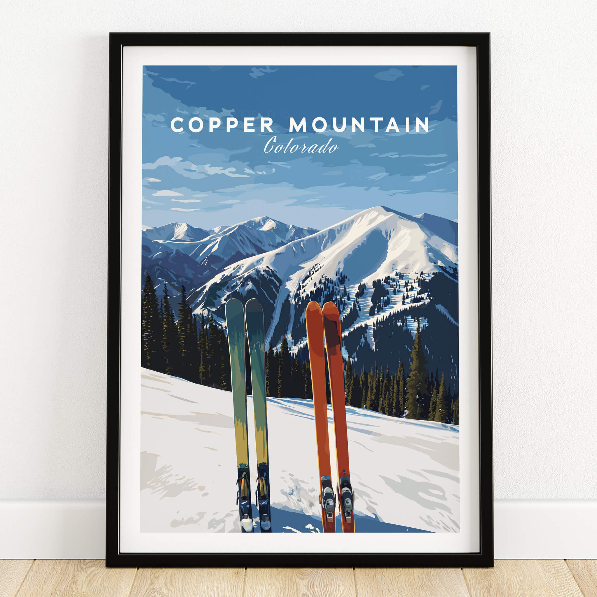 Copper Mountain Travel Poster – Colorado Mountain Summit & Ski Art Print featuring skis and snowy peaks.