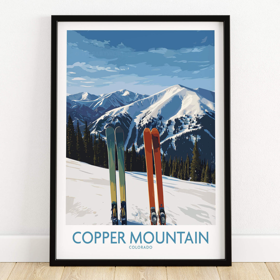 Copper Mountain Ski Wall Art Ski Print showcasing skis and Colorado mountains under a clear sky.