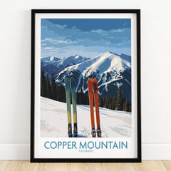 Copper Mountain Ski Wall Art Ski Print showcasing skis and Colorado mountains under a clear sky.