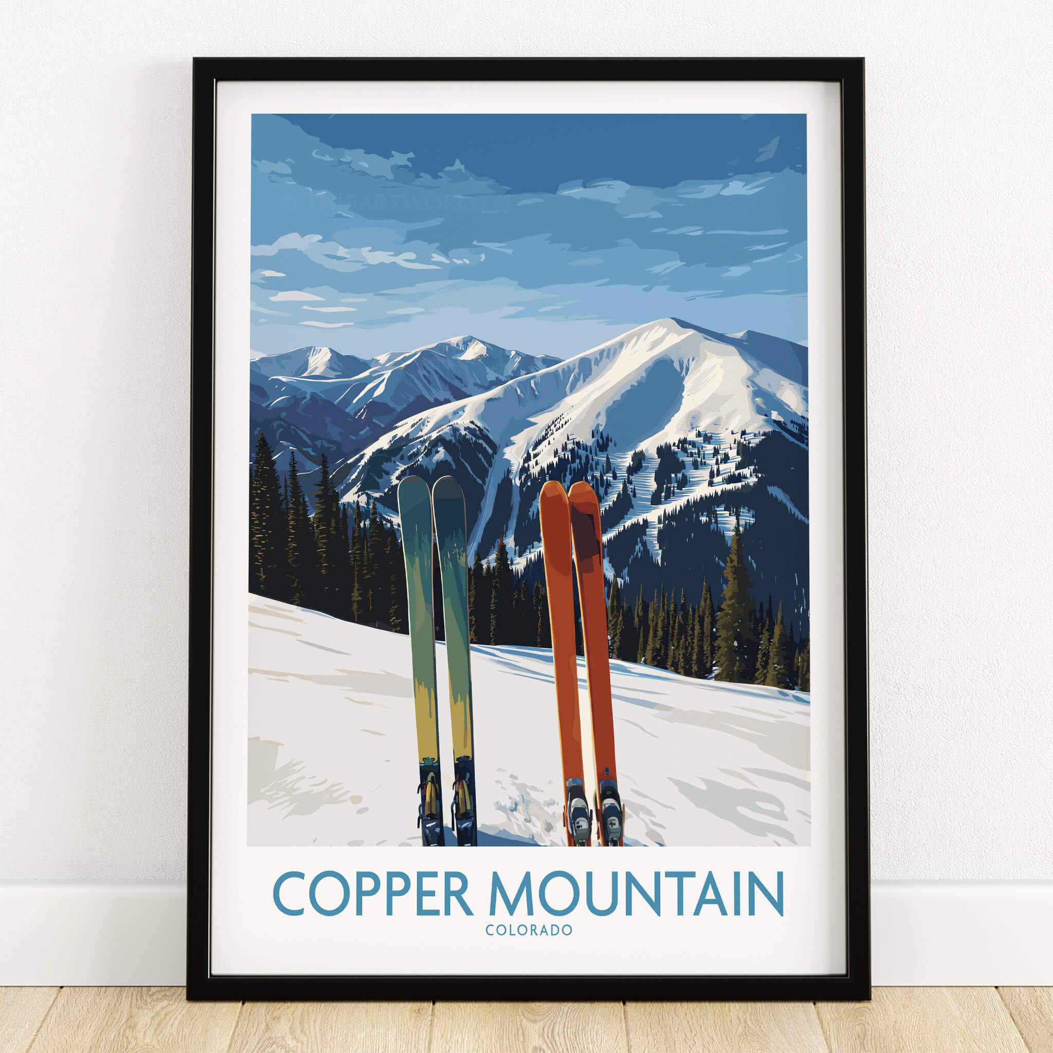 Copper Mountain Ski Wall Art Ski Print showcasing skis and Colorado mountains under a clear sky.