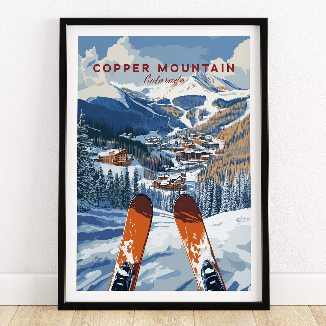 Copper Mountain Ski Poster – Winter Ski Village & Snowy Mountain Art showcasing ski equipment and snow-covered landscape.