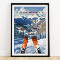 Copper Mountain Ski Poster – Winter Ski Village & Snowy Mountain Art showcasing ski equipment and snow-covered landscape.