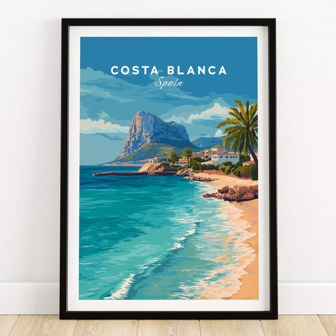 Costa Blanca Spain Travel Art – Mediterranean Village & Turquoise Sea Landscape Poster framed print on display.