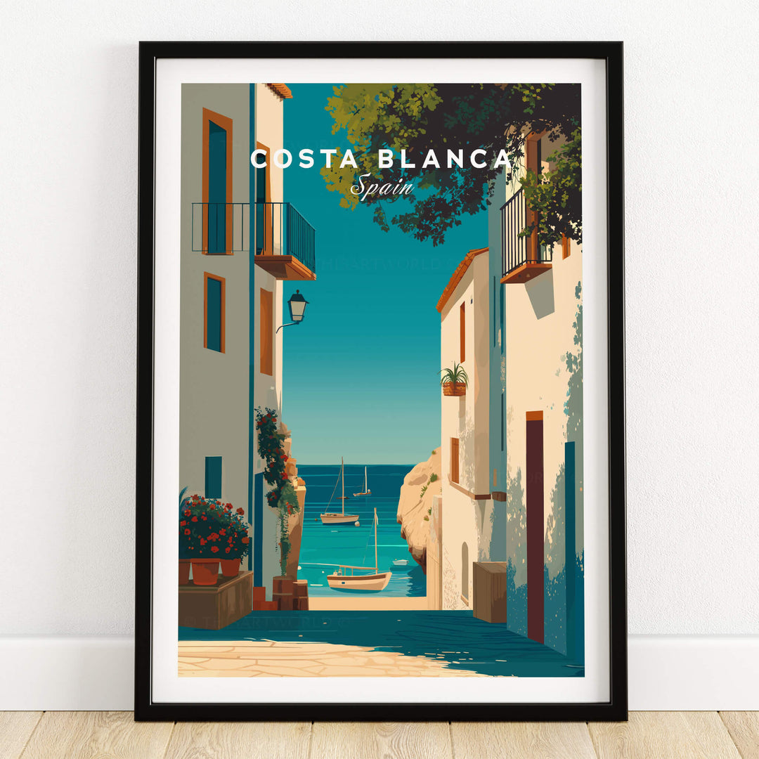Costa Blanca Spain Print – Iconic White Village & Mediterranean Architecture Wall Decor showcasing vibrant coastal scene.