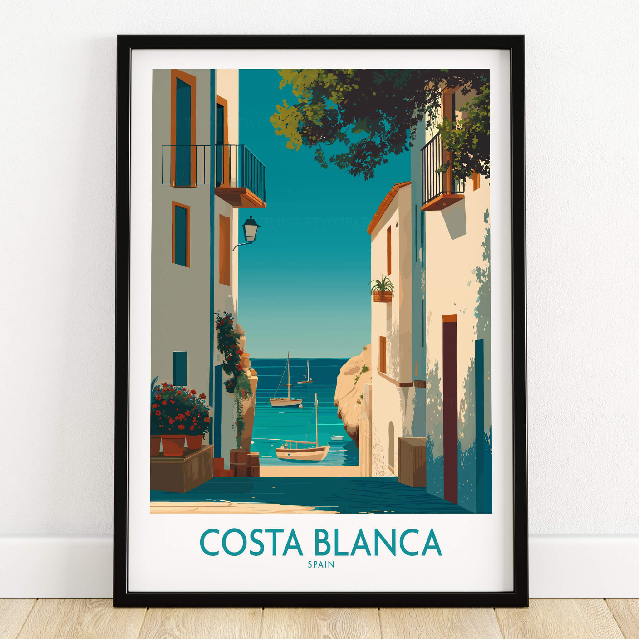 Costa Blanca Spain Wall Art Print - Spanish Village Artwork featuring a coastal village scene in vibrant colors.