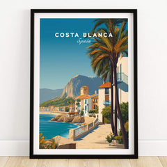 Costa Blanca Travel Poster - Spain Canvas Print featuring coastal scenery and palm trees.