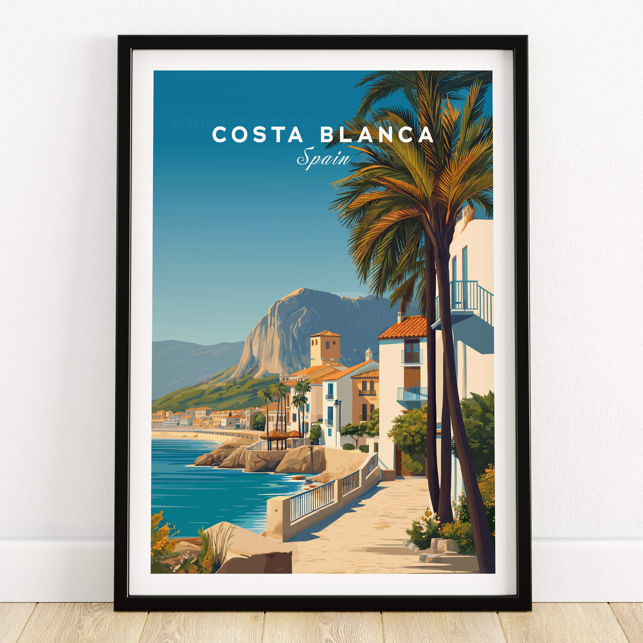 Costa Blanca Travel Poster - Spain Canvas Print featuring coastal scenery and palm trees.