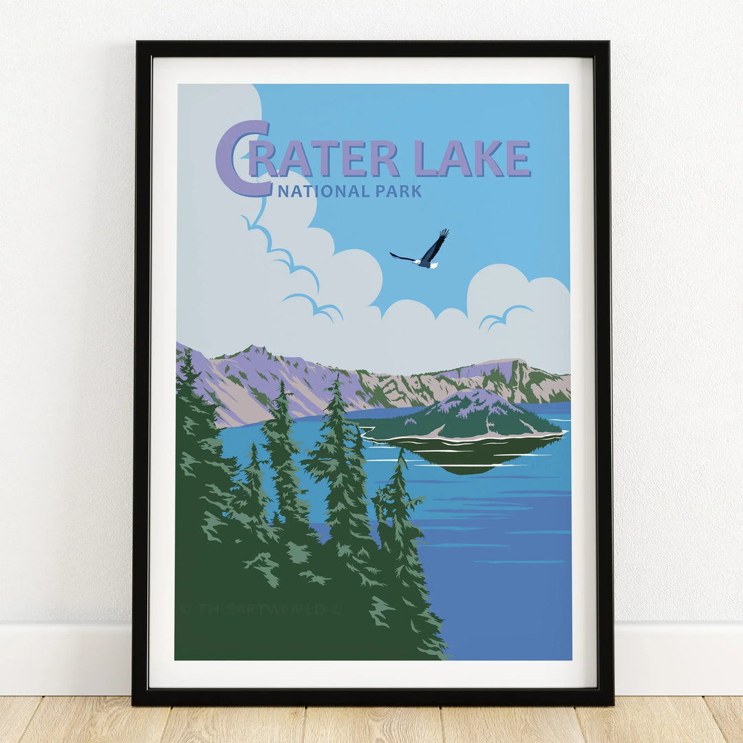 Crater Lake National Park art print in black frame, featuring lake, trees, and mountains.