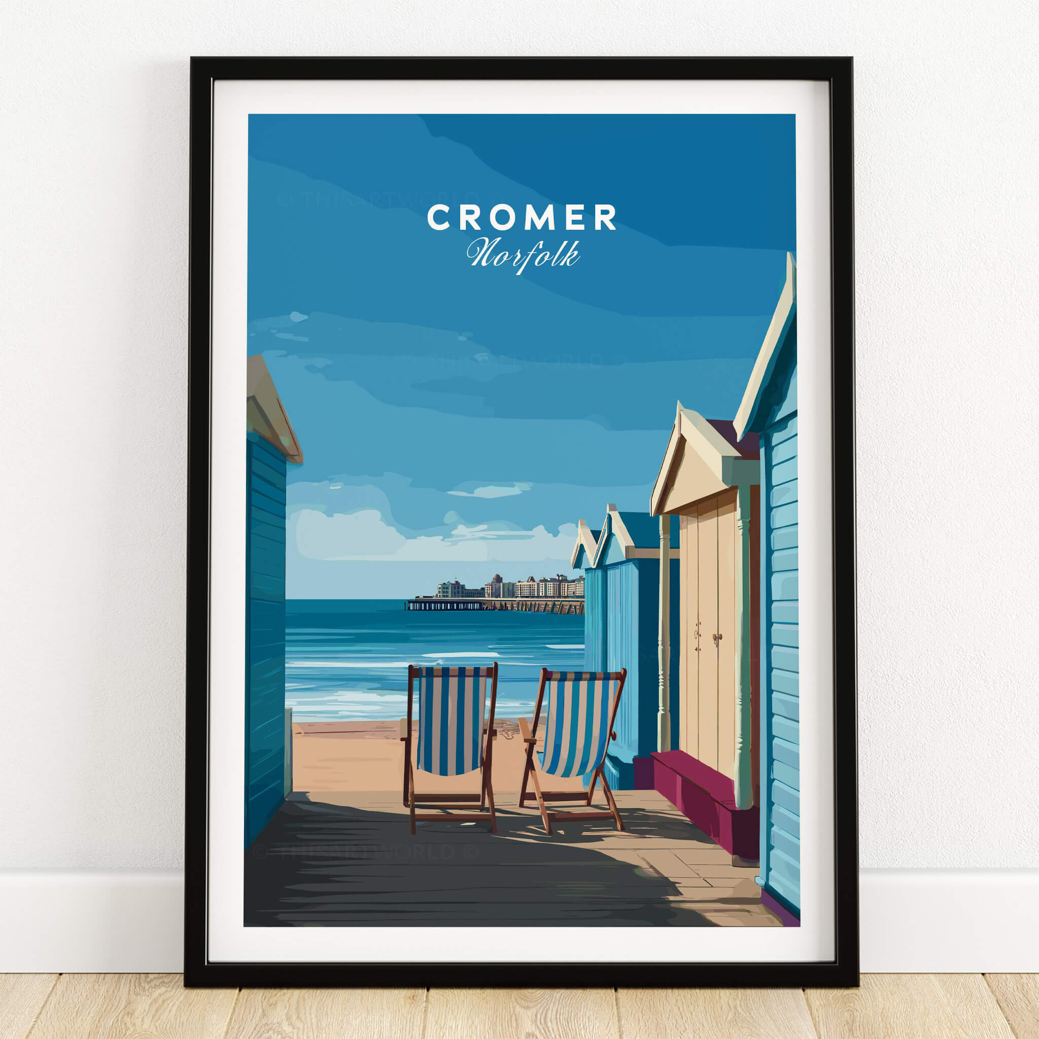 Cromer Travel Poster – Norfolk Beach Huts Art Print showcasing beach huts with chairs and sea view in Norfolk.