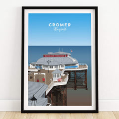 Cromer Travel Poster – Norfolk Pier & Pavilion Theatre Landmark Art, featuring a vibrant illustration of the Pavilion Theatre.