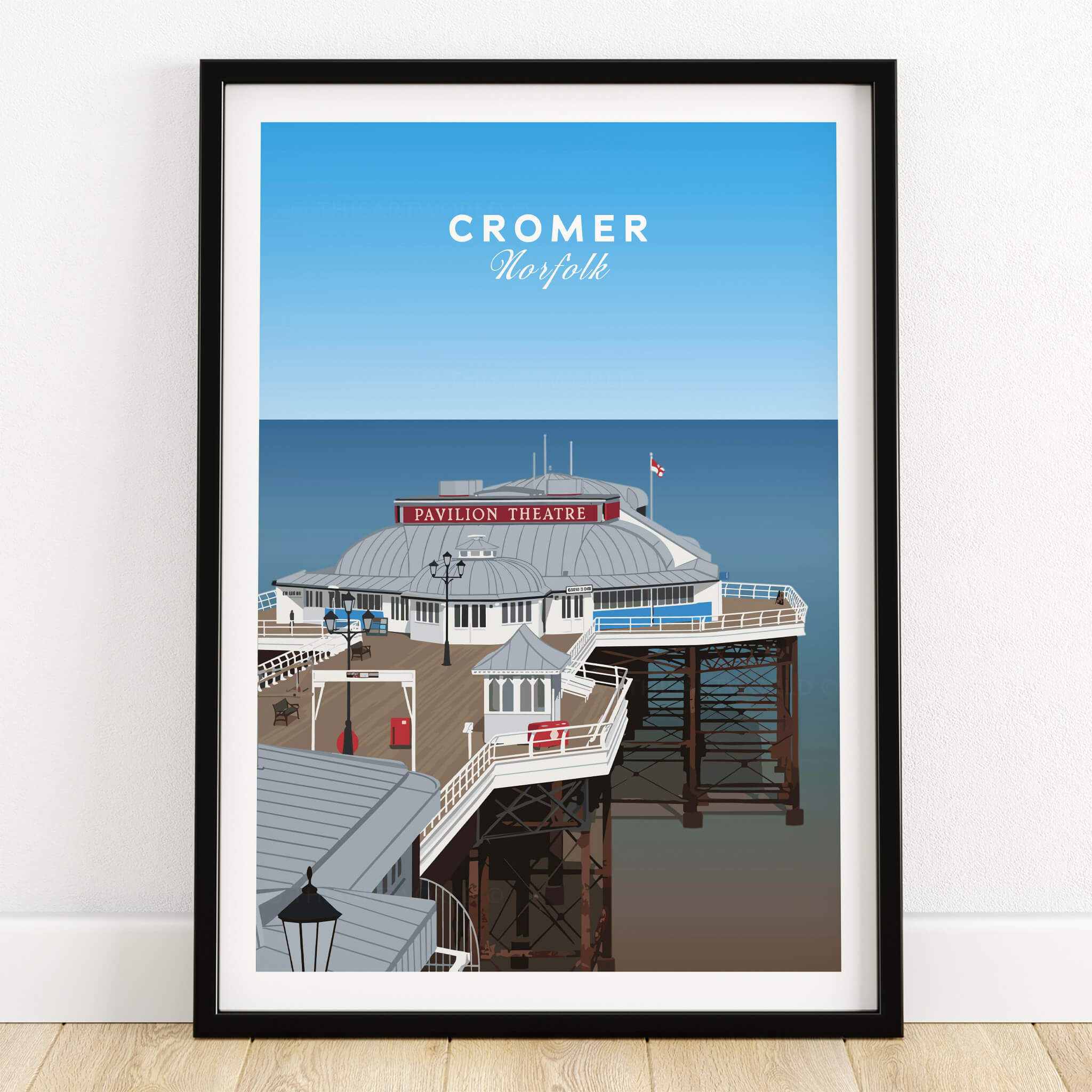 Cromer Travel Poster – Norfolk Pier & Pavilion Theatre Landmark Art, featuring a vibrant illustration of the Pavilion Theatre.