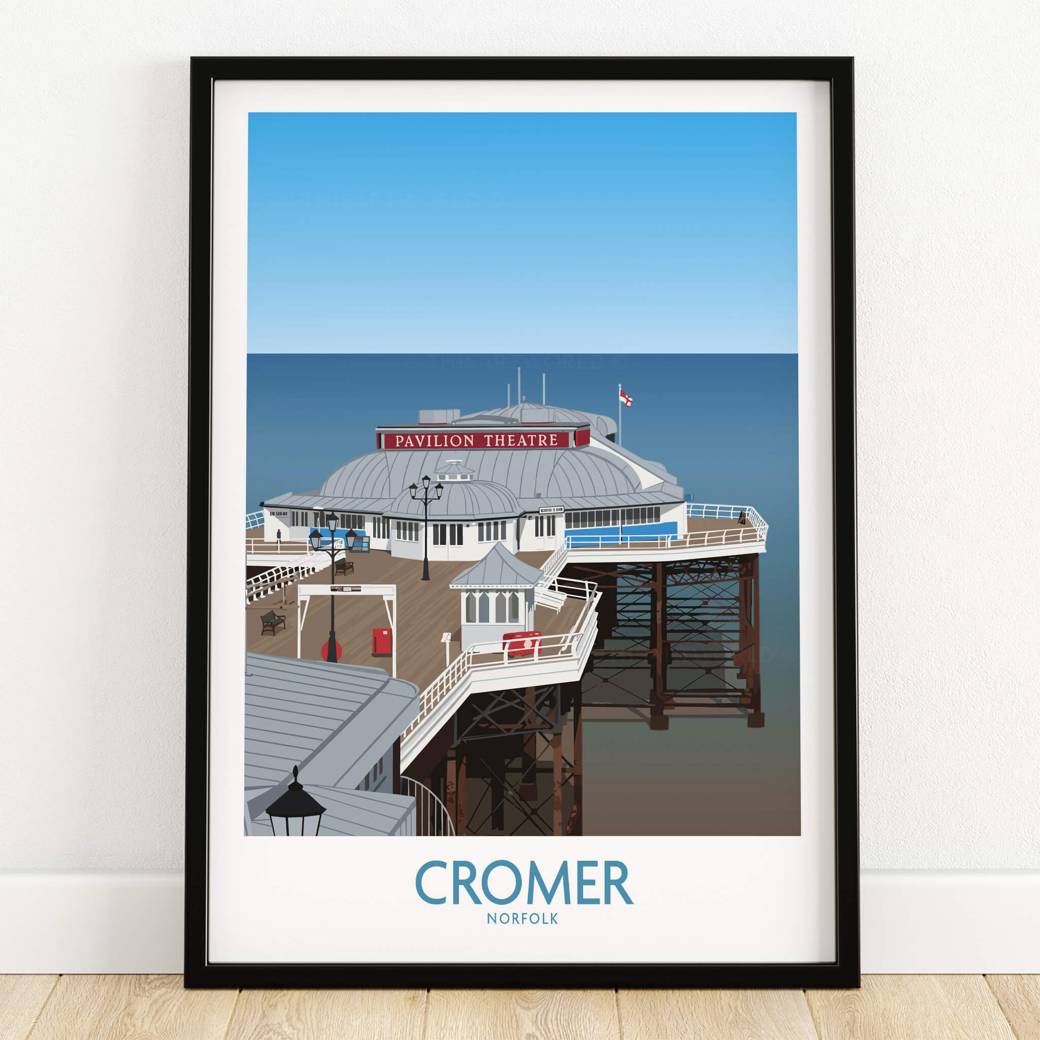 Cromer Norfolk Wall Art – Historic Seaside Pier Art Print featuring the Pavilion Theatre and vibrant blue sky.