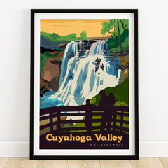 Cuyahoga Valley National Park art print with waterfall landscape in black frame