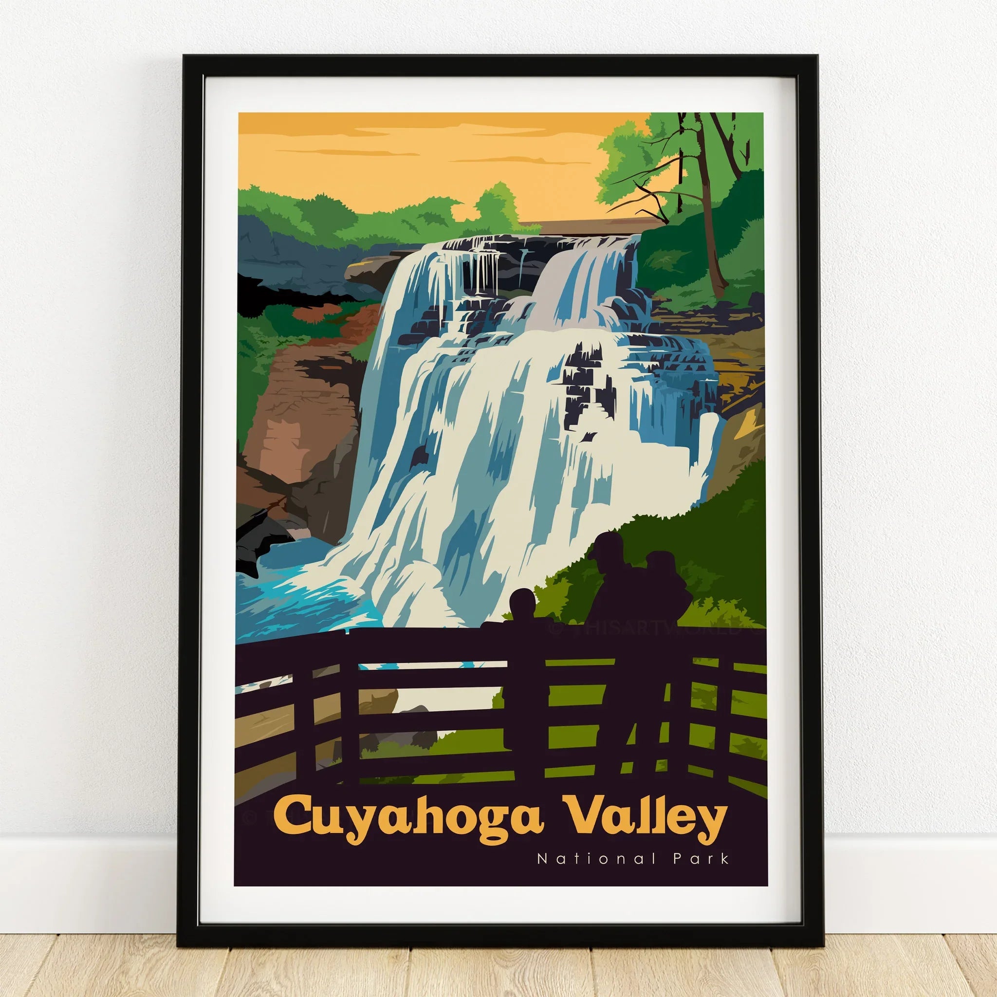 Cuyahoga Valley National Park art print with waterfall landscape in black frame