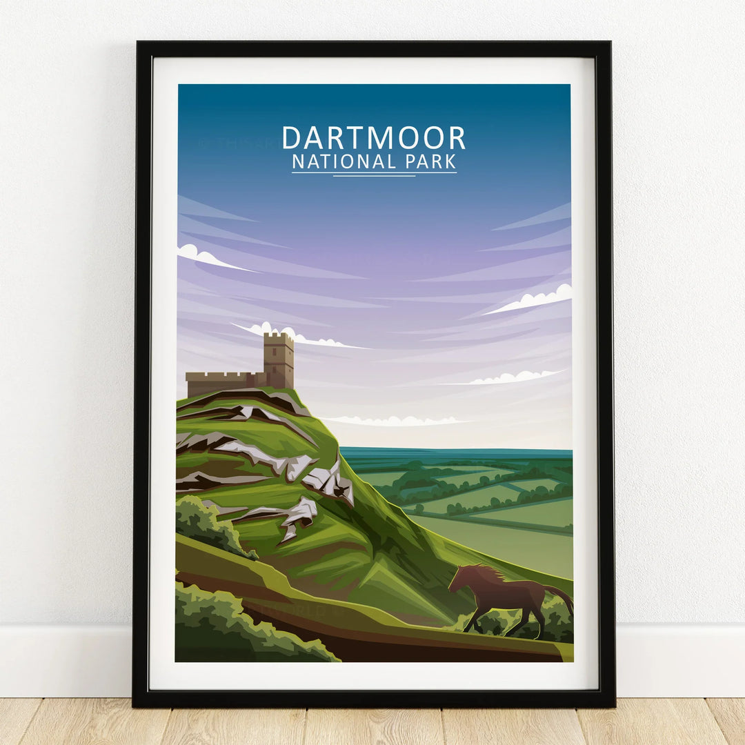Dartmoor National Park art print in black frame, hill landscape, horse, and ruins