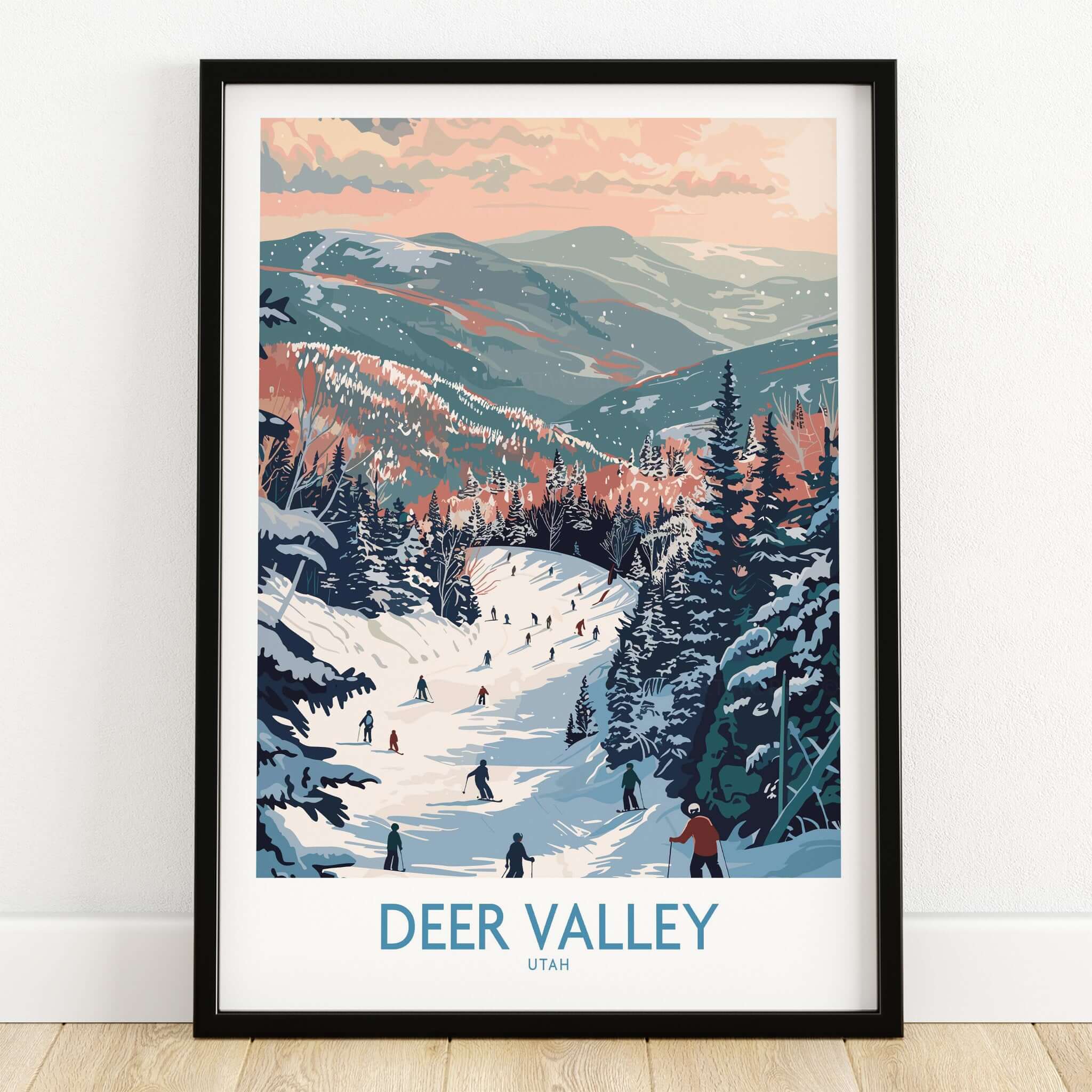 Deer Valley Travel Poster - Utah showcasing skiers in a stunning winter landscape.