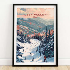Deer Valley Ski Print - Utah featuring skiers and snowy mountains in a stunning framed artwork.