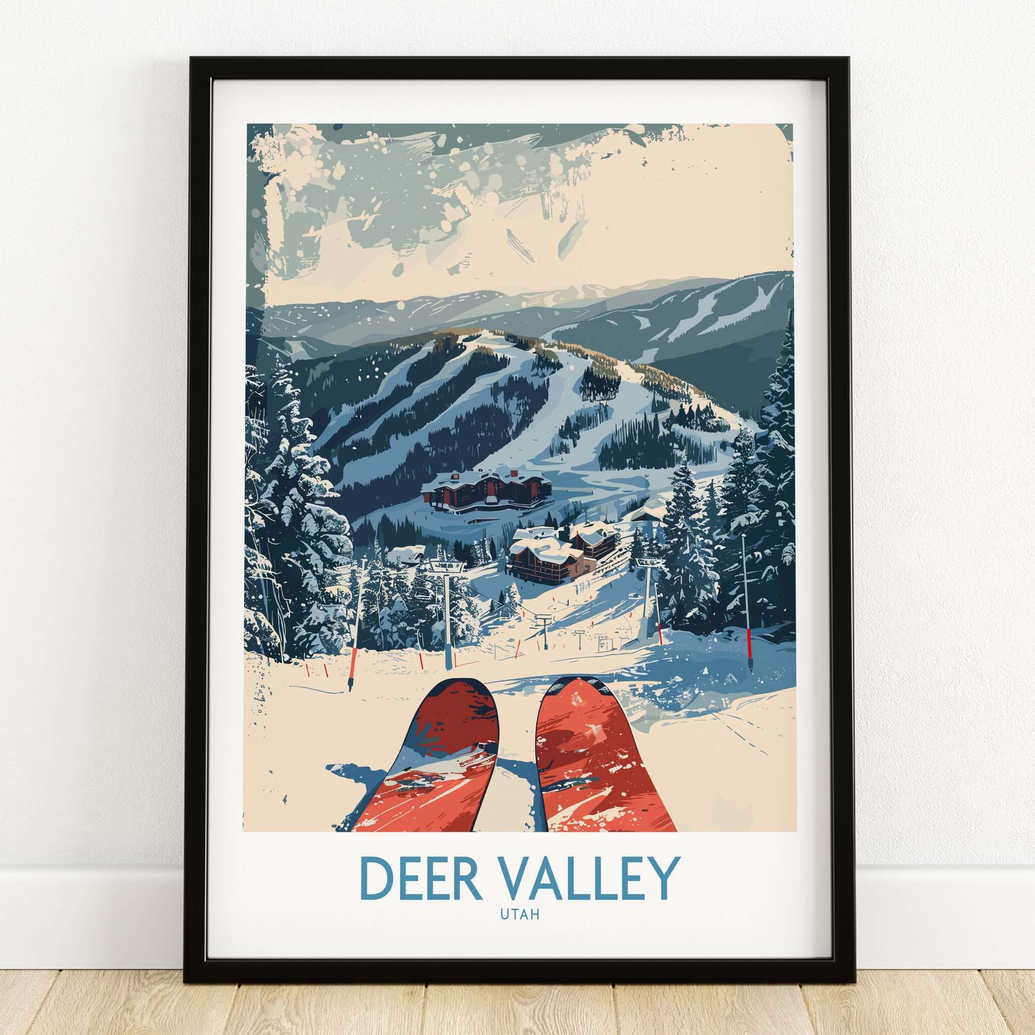 Deer Valley Wall Art featuring a ski scene with snow-covered mountains and vibrant skis