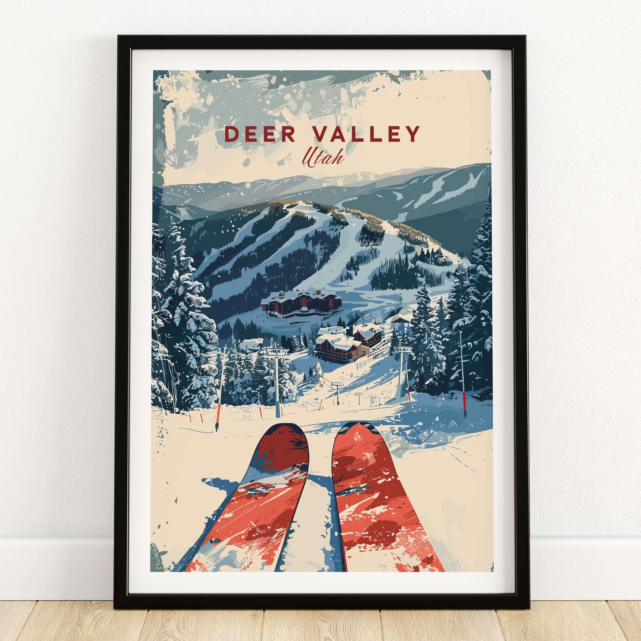 Deer Valley Ski Poster featuring snowy slopes and skis in Utah, perfect for ski enthusiasts and home decor.