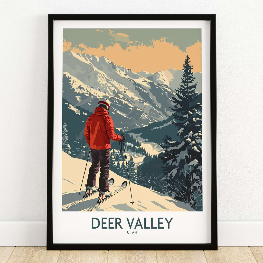 Deer Valley Poster Utah featuring a skier overlooking the majestic mountains and slopes of Deer Valley, Utah.