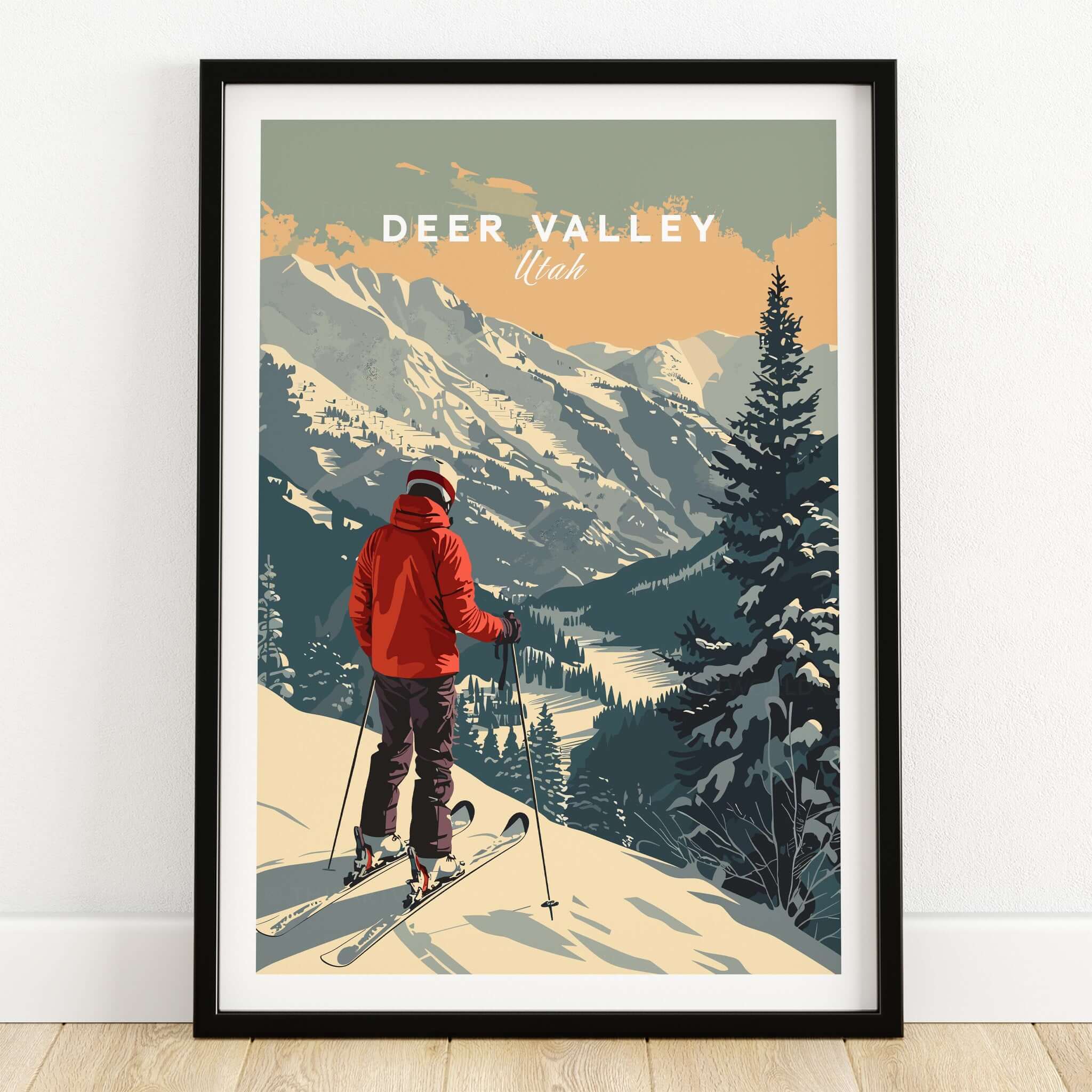 Deer Valley Print Utah featuring a skier on a snowy mountain landscape with trees and mountains in the background.