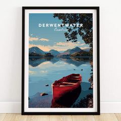 Derwentwater Travel Poster – Lake District Art Print featuring a tranquil lake and a red boat framed against scenic hills.