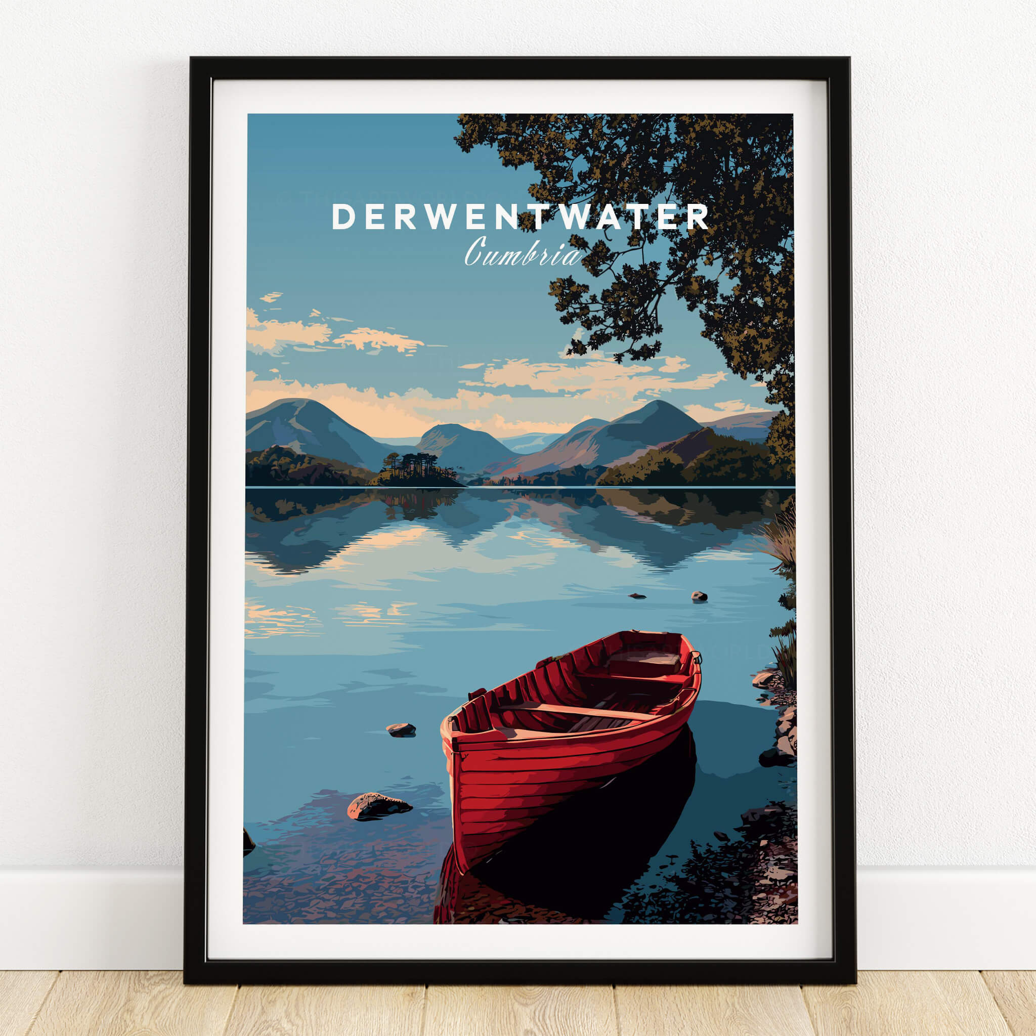 Derwentwater Travel Poster – Lake District Art Print featuring a tranquil lake and a red boat framed against scenic hills.