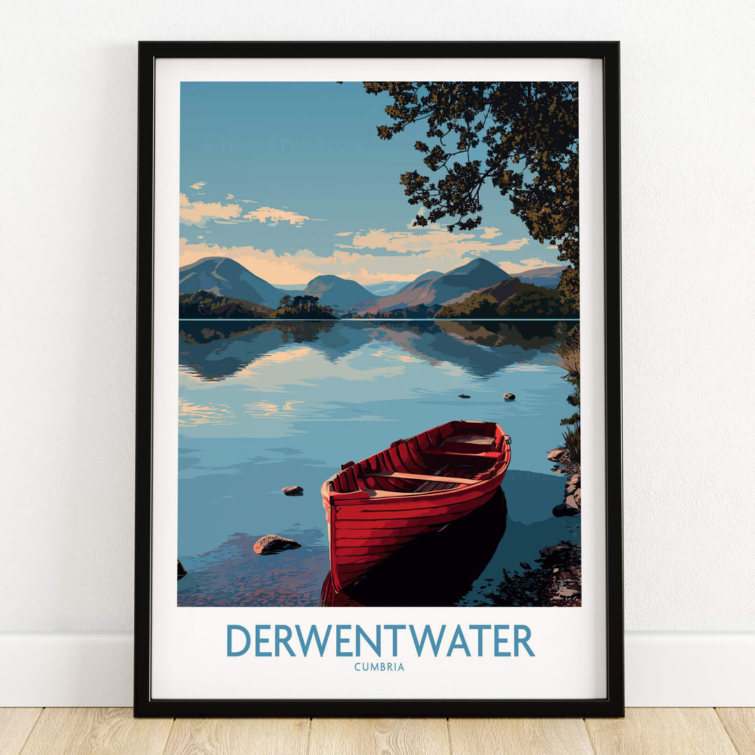 Derwentwater Cumbria Wall Art – Mountain Lake Landscape Print featuring a red boat on tranquil waters.