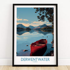 Derwentwater Cumbria Wall Art – Mountain Lake Landscape Print featuring a red boat on tranquil waters.