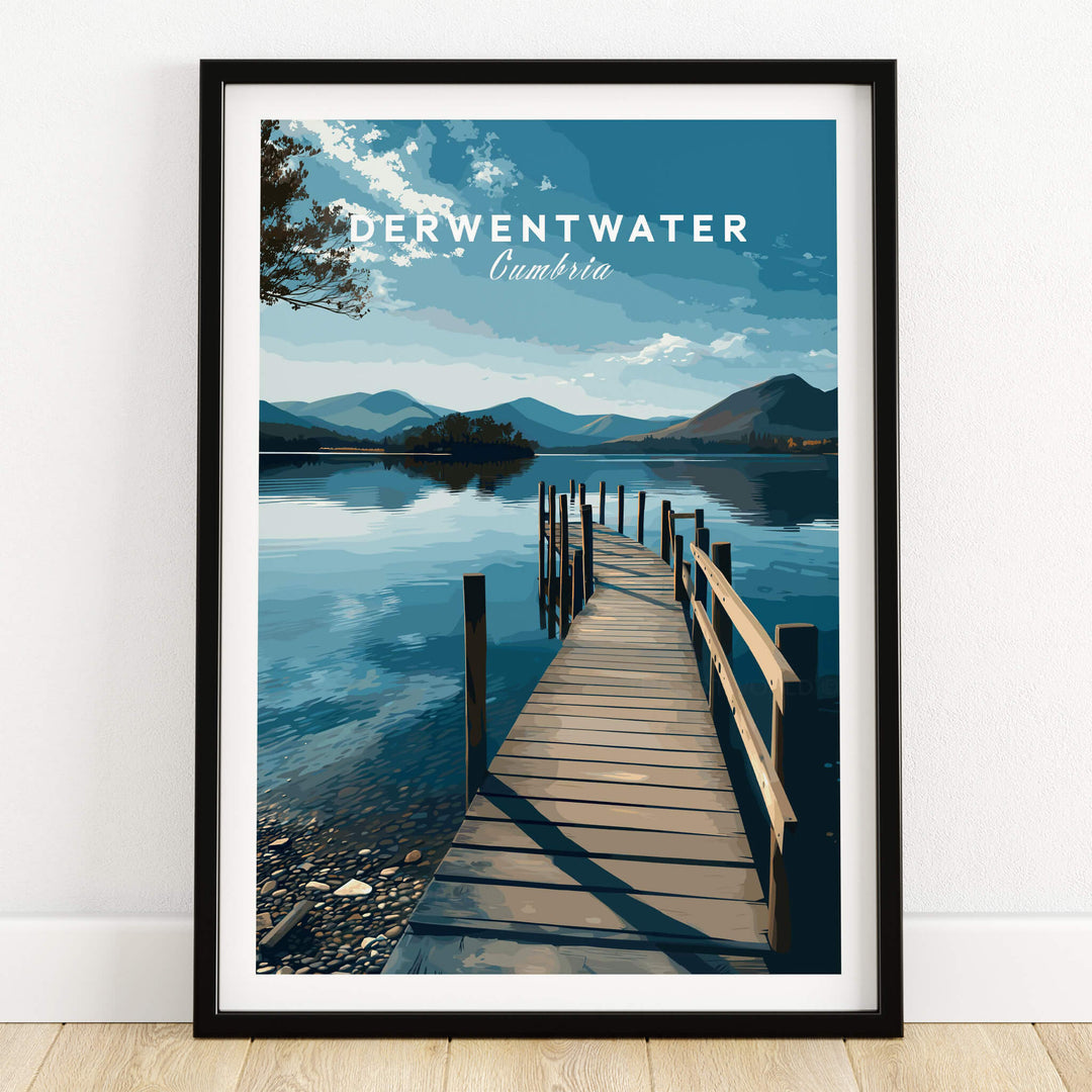 Derwentwater Travel Poster – Lake District Canvas Print showcasing serene water and scenic mountains.