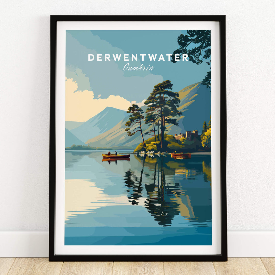 Derwentwater Print – Lake District Sunset Poster featuring a tranquil scene of boats and reflections in the lake.