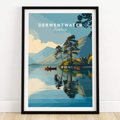 Derwentwater Print – Lake District Sunset Poster featuring a tranquil scene of boats and reflections in the lake.