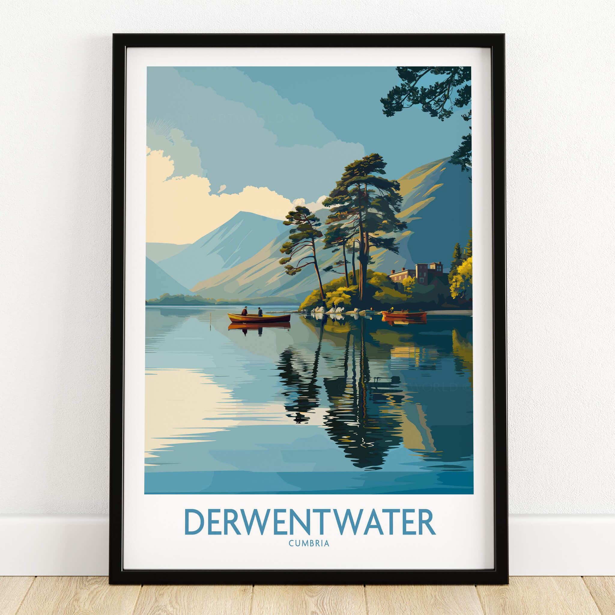 Derwentwater Cumbria Wall Art – Canvas Print showcasing scenic lake view with trees and boats.