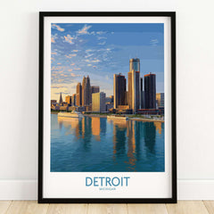 Detroit Michigan City Skyline Art Print | Renaissance Center Poster showcasing the skyline and reflections in the water.