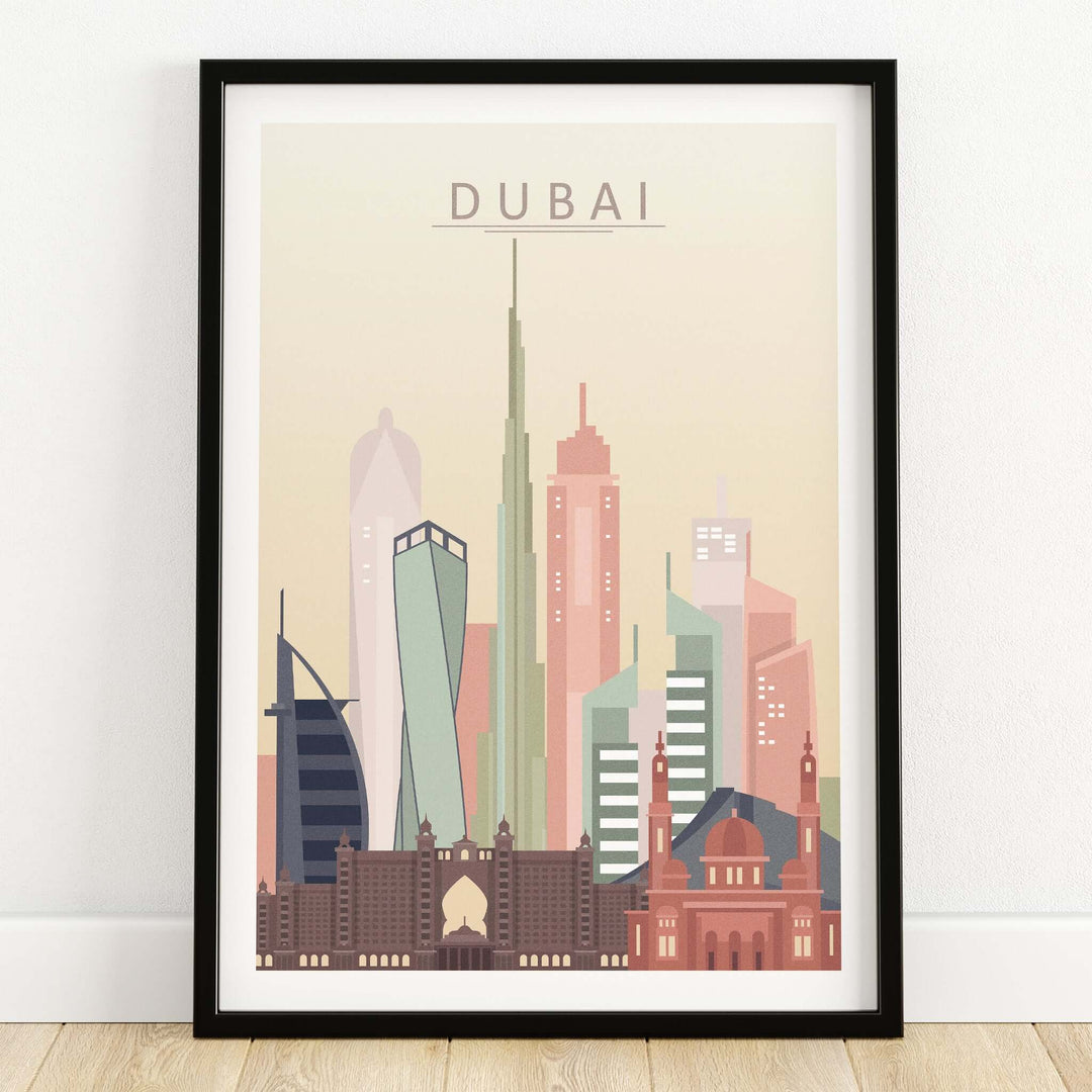 Dubai Wall Art | City Skyline Print showcasing a modern depiction of Dubai's skyline in pastel tones.