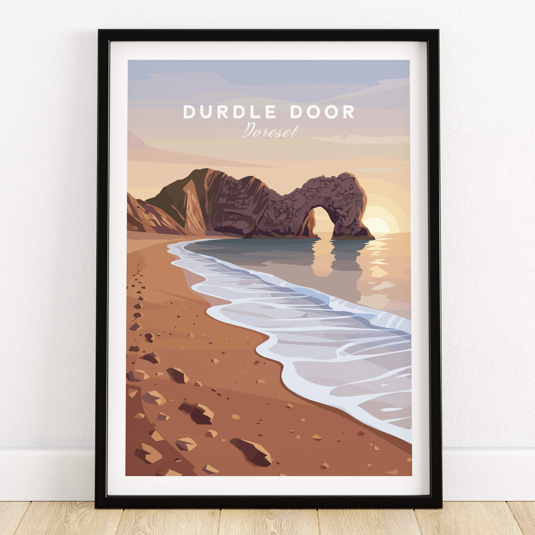 Durdle Door Travel Poster – Jurassic Coast Sunset Art featuring a stylized illustration of Durdle Door in Dorset.
