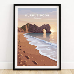 Durdle Door Travel Poster – Jurassic Coast Sunset Art featuring a stylized illustration of Durdle Door in Dorset.