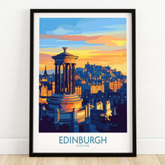 Edinburgh Travel Poster featuring the iconic skyline and landmark at sunset, capturing the essence of Scotland.