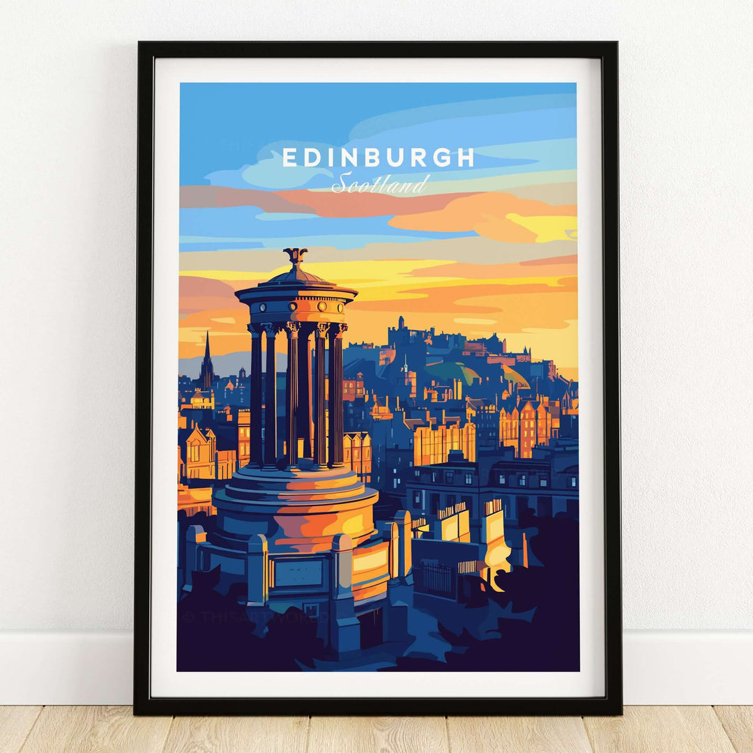Edinburgh Travel Print featuring iconic architecture and vibrant colors representing Scotland's capital.
