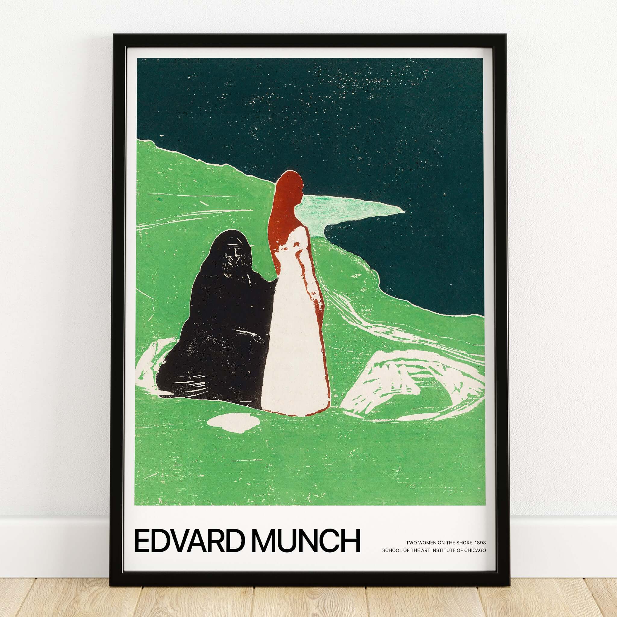 Edvard Munch Art Print - Two Women on the Shore 1898 Woodcut AIC Poster displayed in a modern black frame.