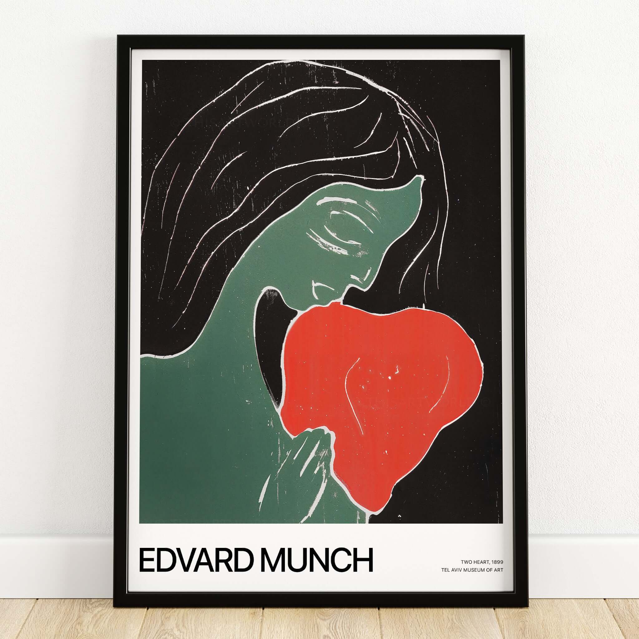 Edvard Munch Art Print - Edvard Munch Two Heart c1899 Woodcut - Symbolist Love Poster displayed in a black frame.