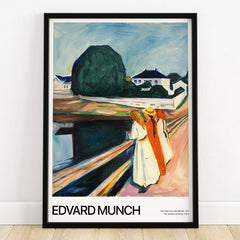 Edvard Munch Art Print - The Girls on the Bridge 1927 Painting - Museum Poster displayed in a framed design.