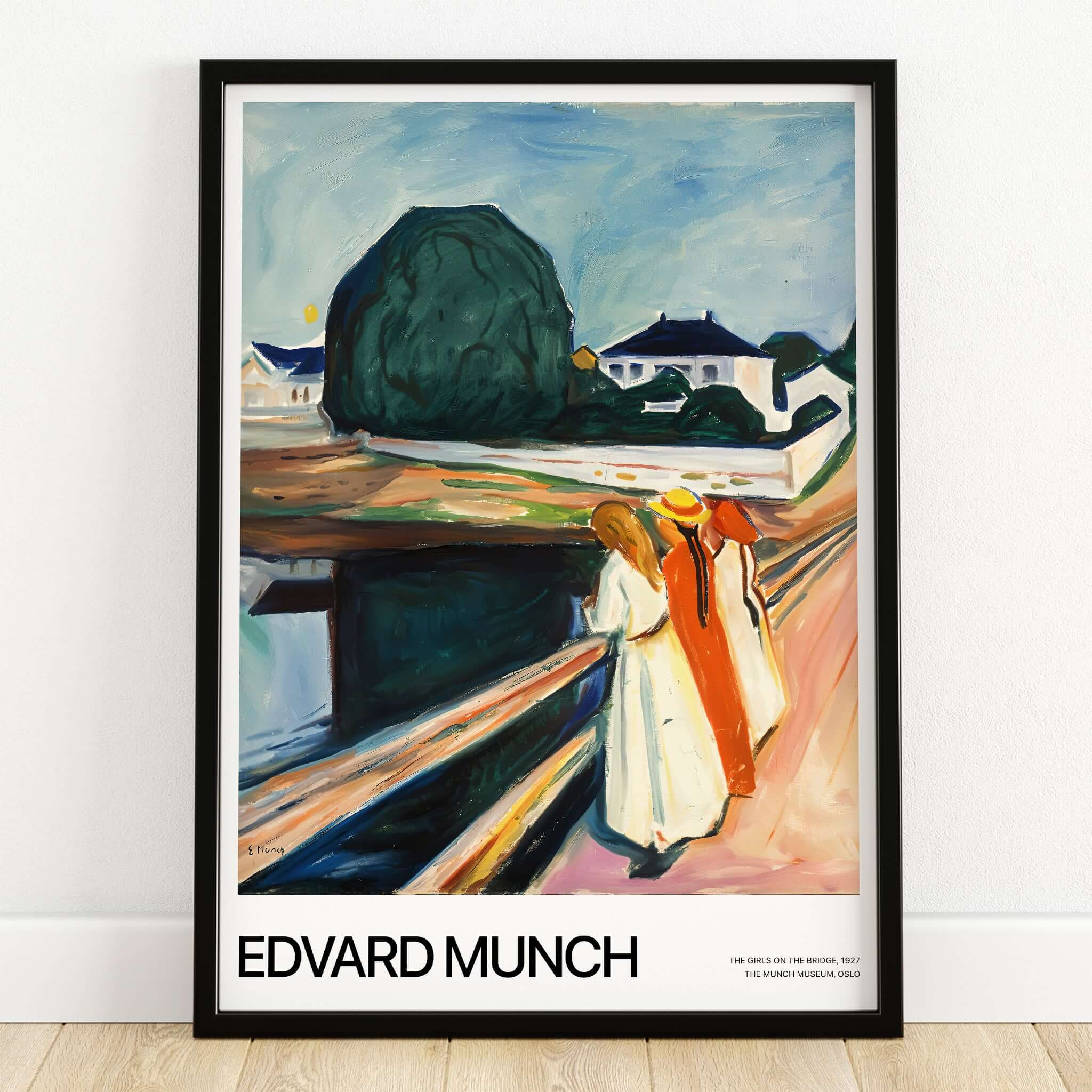 Edvard Munch Art Print - The Girls on the Bridge 1927 Painting - Museum Poster displayed in a framed design.