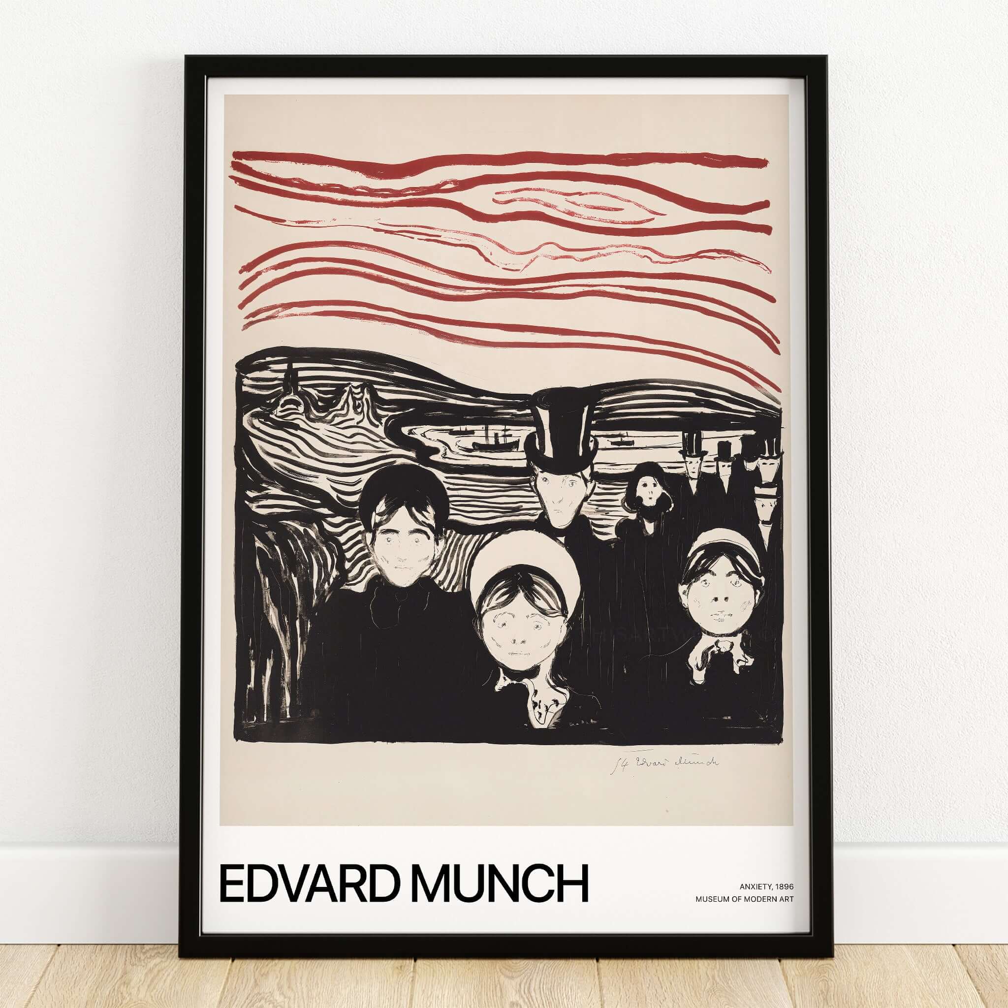 Edvard Munch Art Print - Anxiety 1896 Expressionist Lithograph MoMA Poster displayed in a stylish frame.