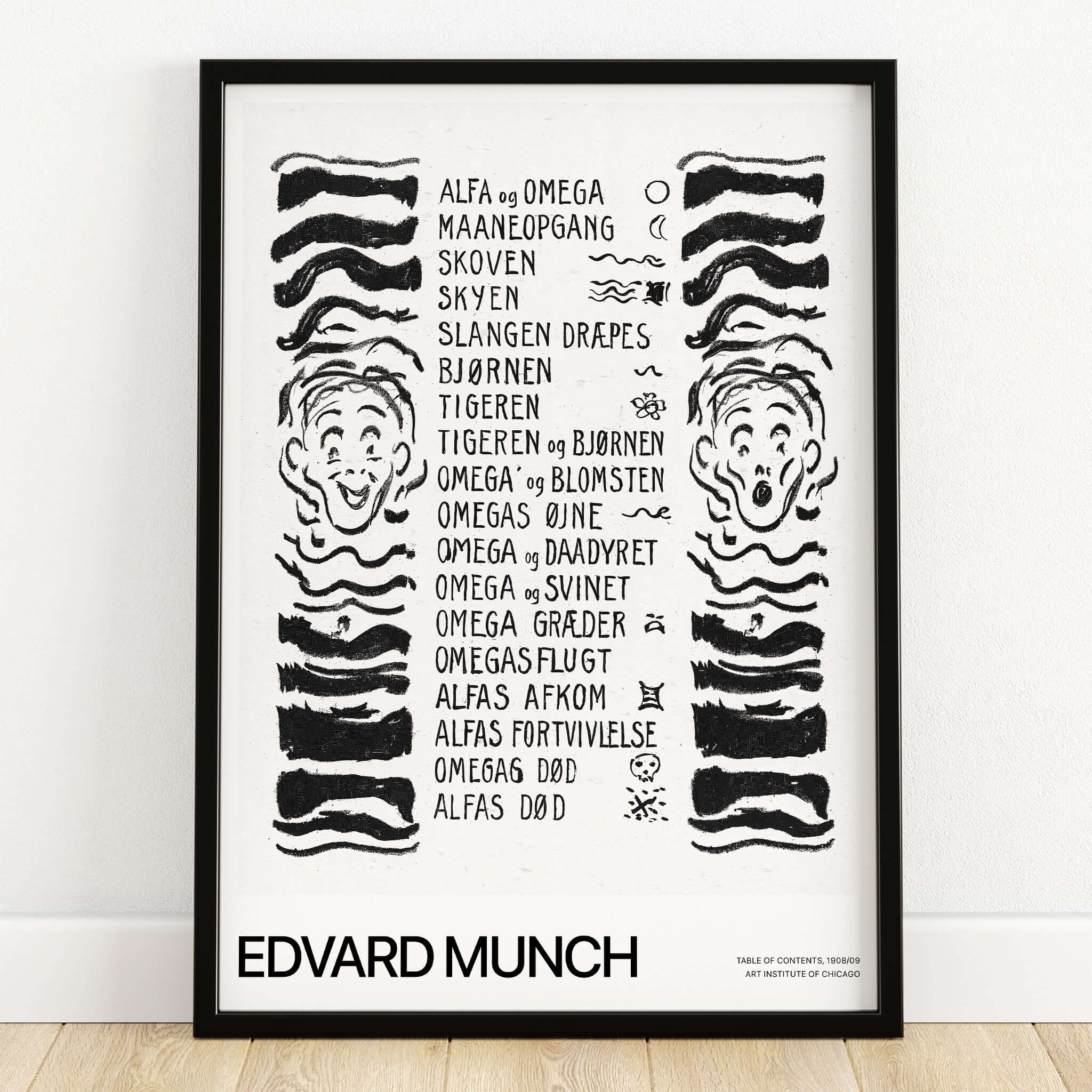 Edvard Munch Art Print - Table of Contents Alpha Omega Series Print Art Institute of Chicago Poster featuring bold black and white design.